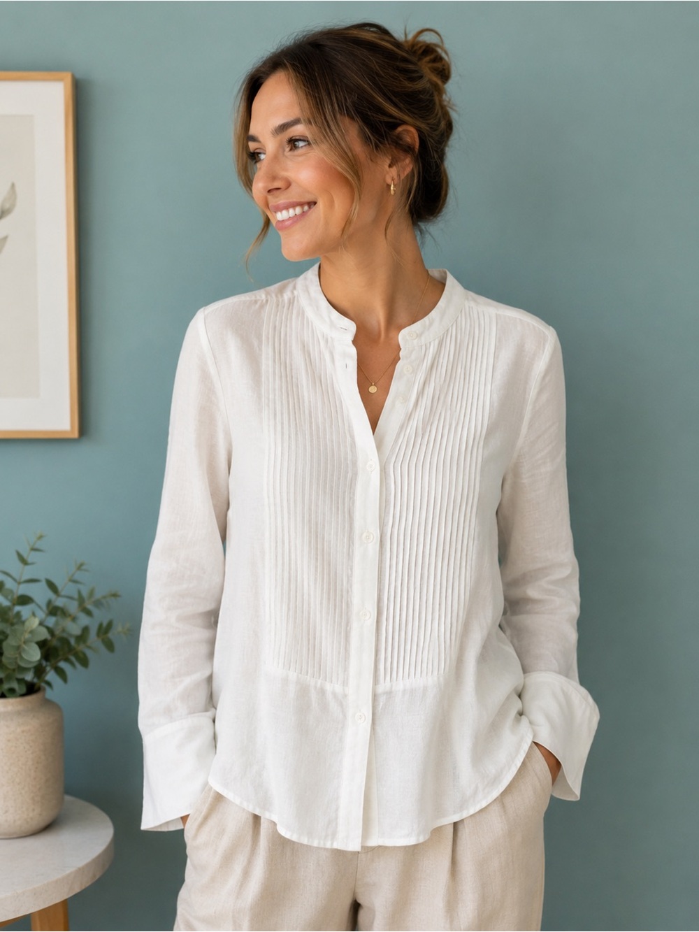 NWT Banana Republic White Pleated Front Mandarin Collar Shirt - Picture 1 of 5